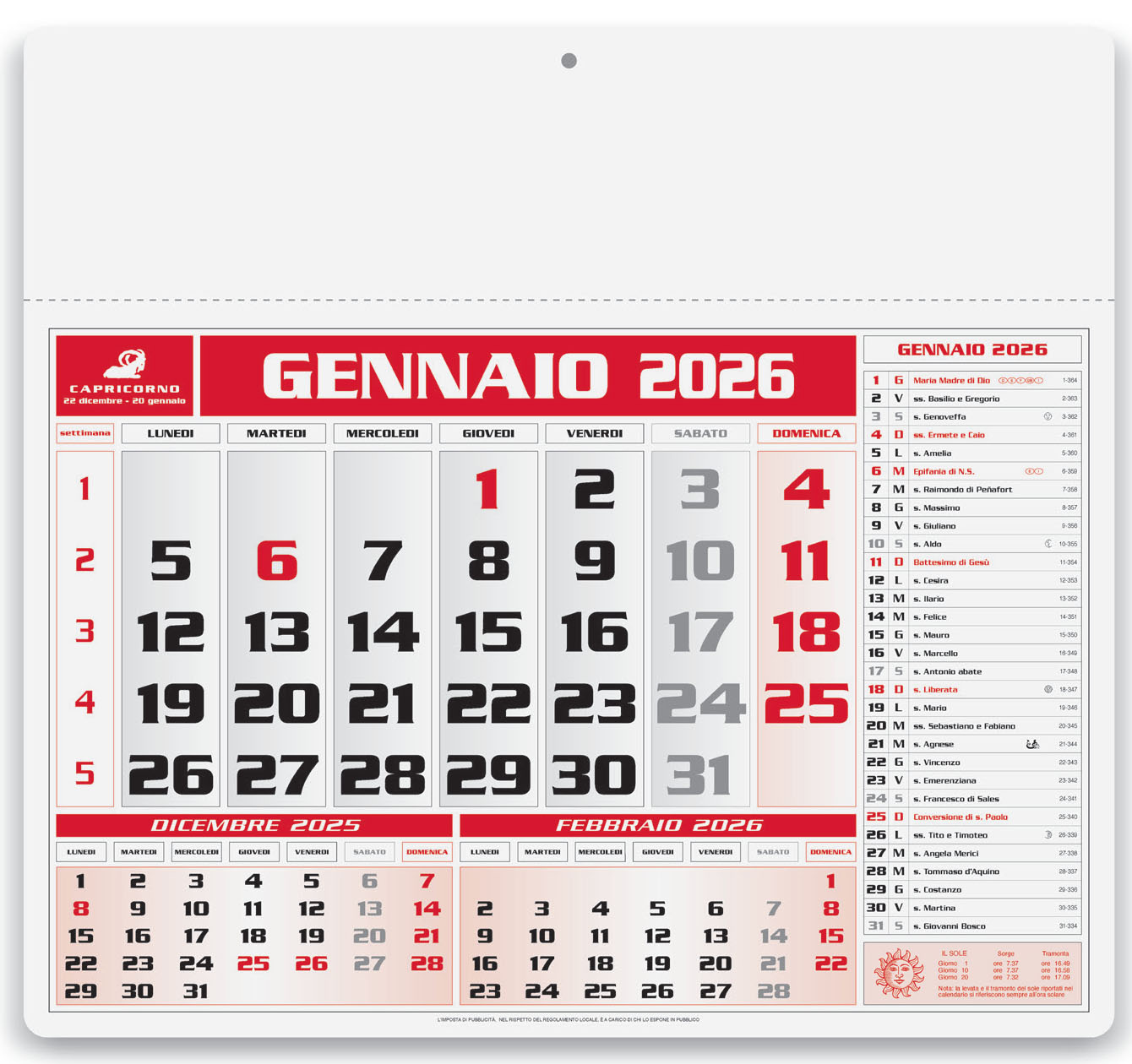 CALENDARIO AMERICANO MENSILE 12 FOGLI CM.43x41 ROSSO